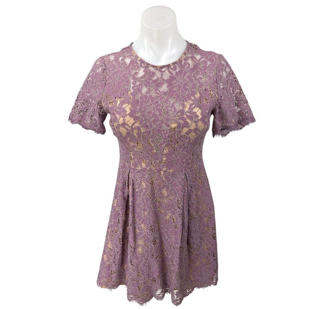 Lush Purple Floral Lace Sheer Short Sleeve Crew Neck Mini Fit & Flare Dress Sz M